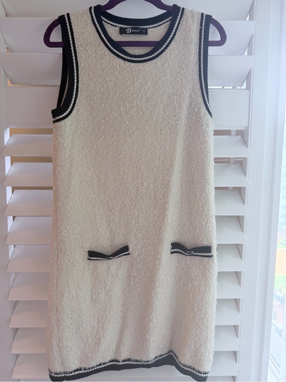 Chanel Style Sleeveless Bouclé Shift Dress in Cream with Black Trim